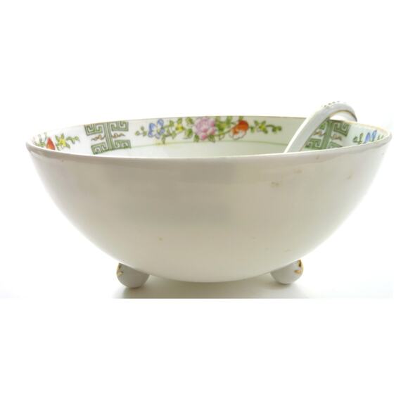 Vintage Boho Ramen Flower Bowl Footed Bowl with Spoon Peony - Picture 2 of 7